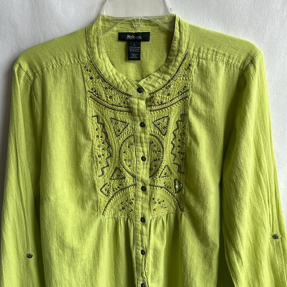 Style & Co. lime green cotton blouse with beading, size L - Picture 2 of 8